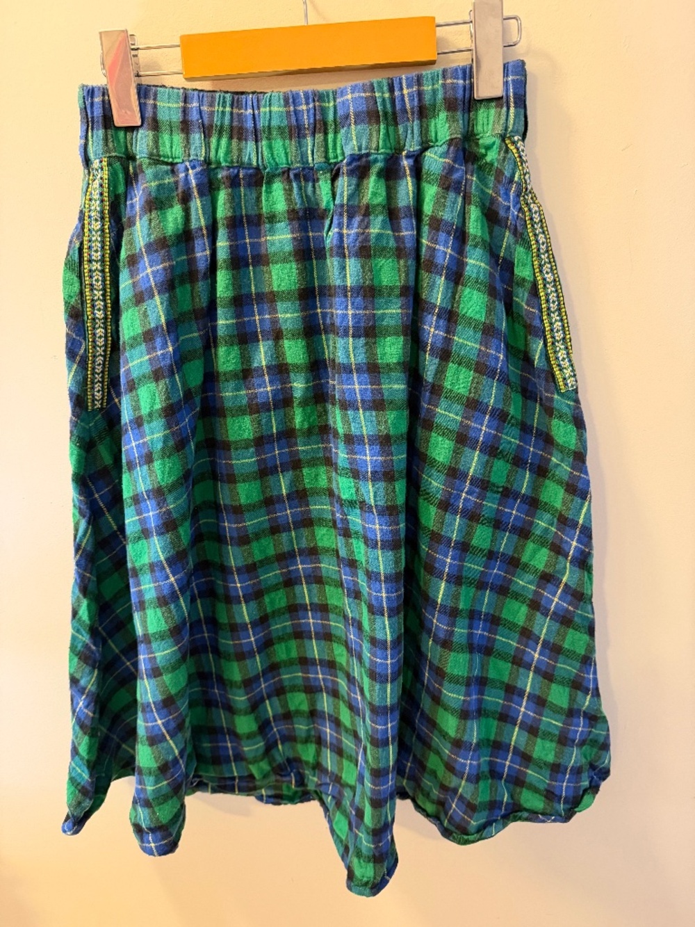 TITICACA Plaid Flannel Skirt Green Blue Tartan Woven Trim Pockets L